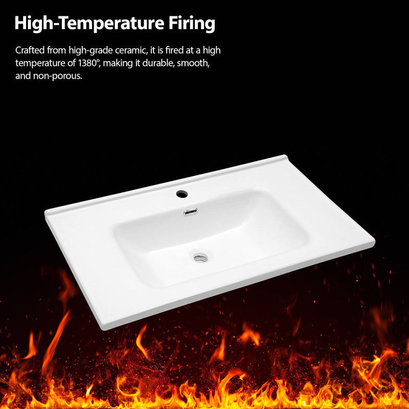Rectangular Single Vanity Top With 1 Faucet Hole And Overflow, 35" X 20", Sink Only - White