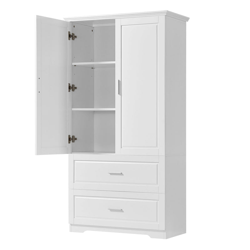 Tall Bathroom Storage Cabinet, With Two Doors And Drawers, Adjustable Shelf, MDF Board - White