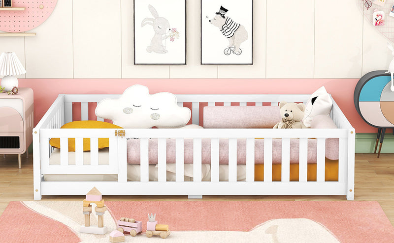 Full Size Bed Floor Bed with Safety Guardrails and Door for Kids, White