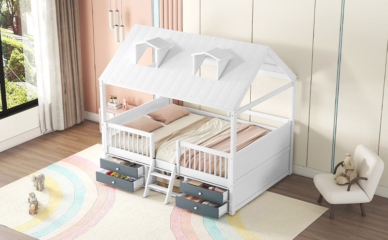 Full Size Wood Bed House Bed Frame,White