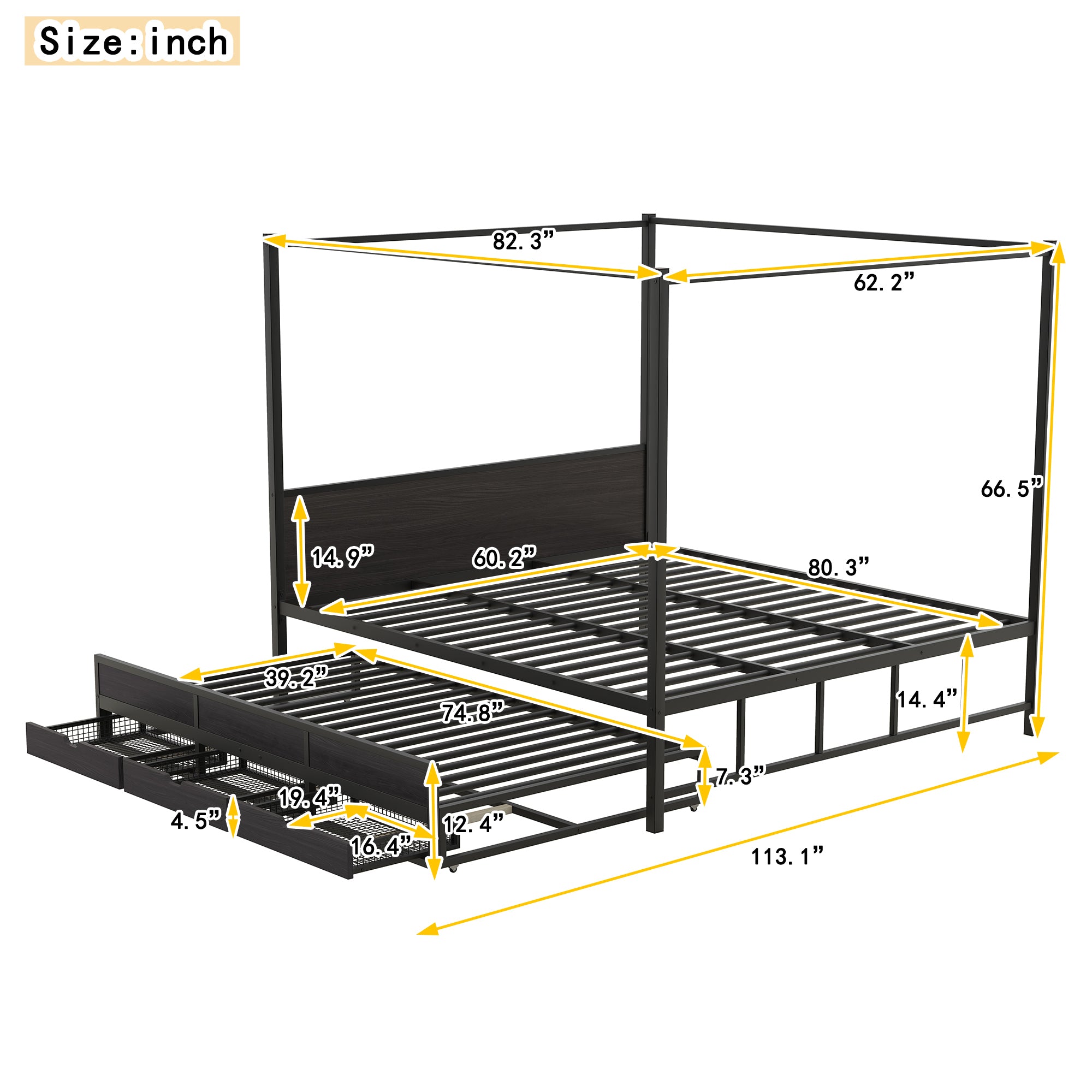 Queen Size Metal Canopy Platform Bed with Twin Size Trundle and 3 Storage Drawers, Black - Atlantic Fine Furniture Melbourne FL