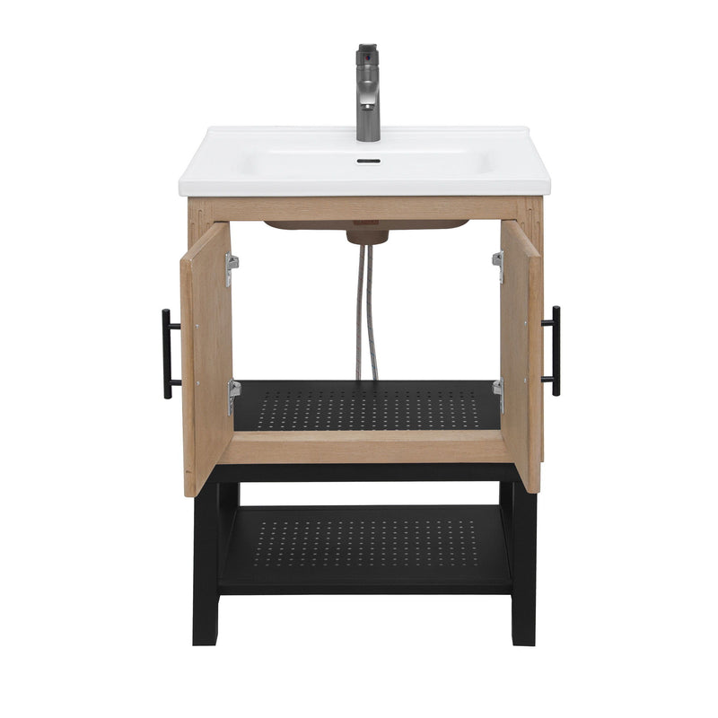 Modern Freestanding Bathroom Vanity With Ceramic Sink, Hot And Cold Faucet, Storage Cabinet & Open Shelf