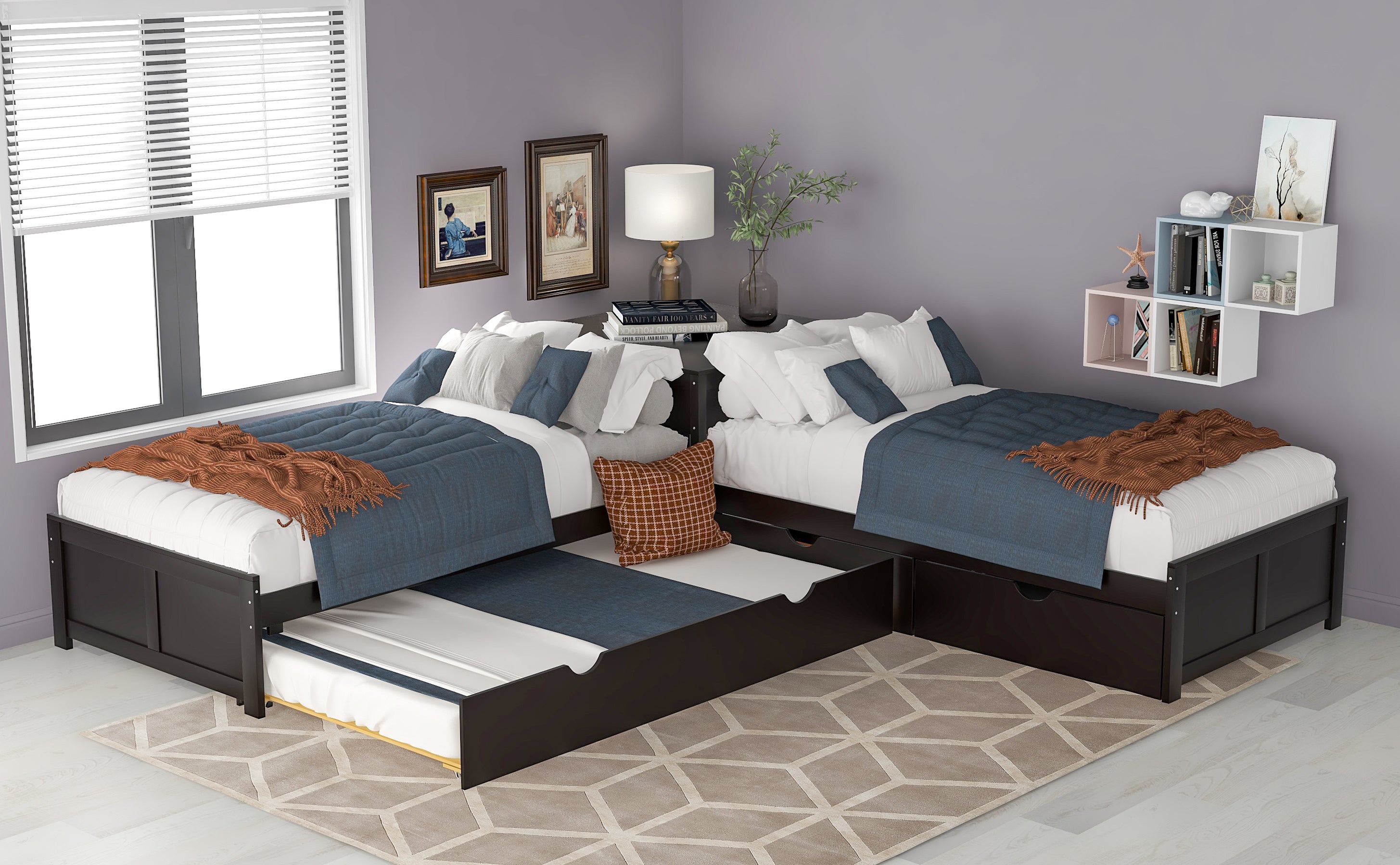 L-shaped Platform Bed with Trundle and Drawers Linked with built-in Desk,Twin,Espresso - Atlantic Fine Furniture Melbourne FL