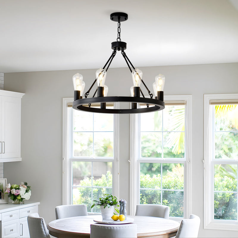 6 Light (No Bulbs) Wagon Wheel Chandelier Farmhouse Modern Small Round Chandelier For Living Room Kitchen Island Foyer Hallway Entryway Bedroom Dining Room Light Fixture Ceiling Hanging - Matte Black