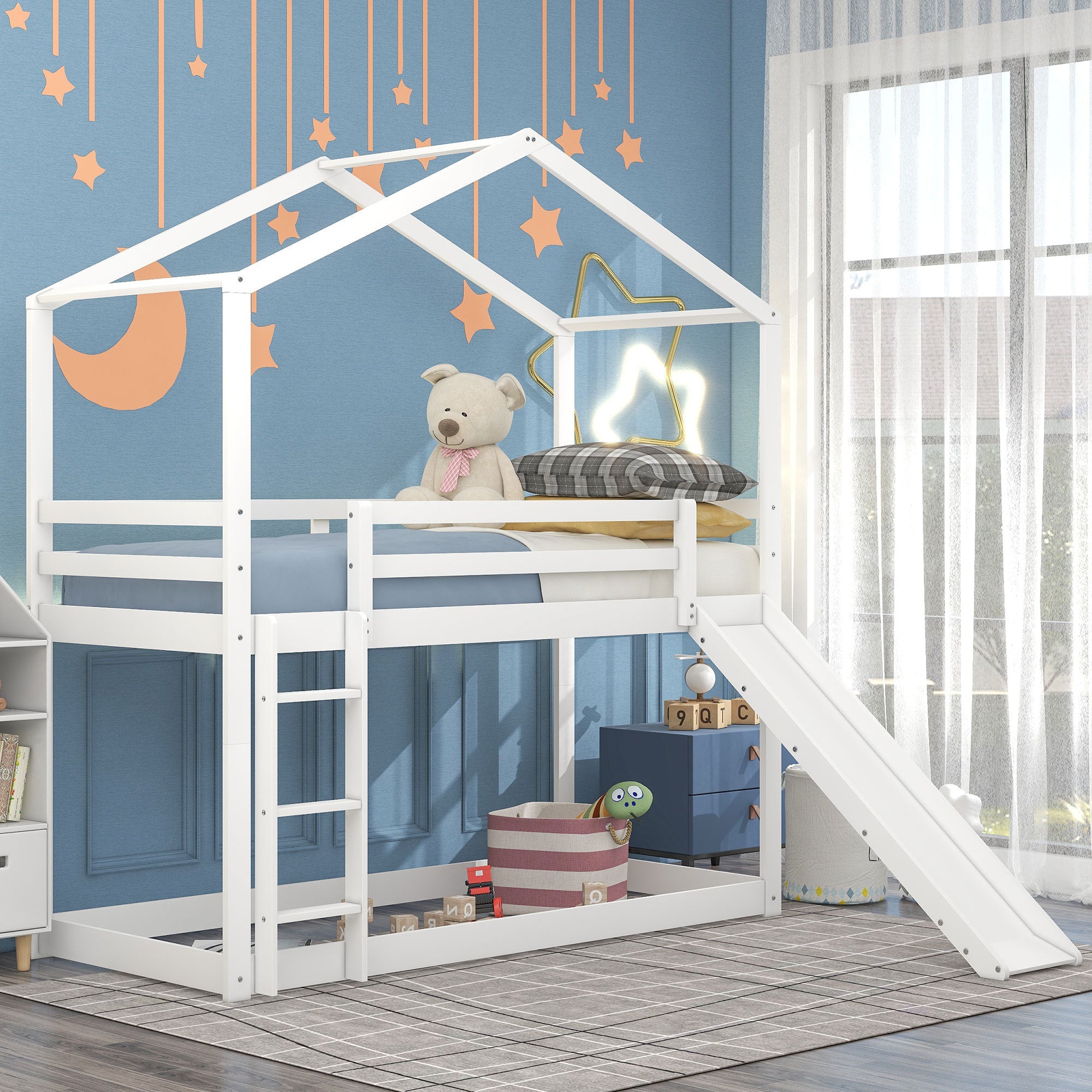Twin Over Twin Bunk Bed with Roof, Slide and Ladder, White - Atlantic Fine Furniture Melbourne FL
