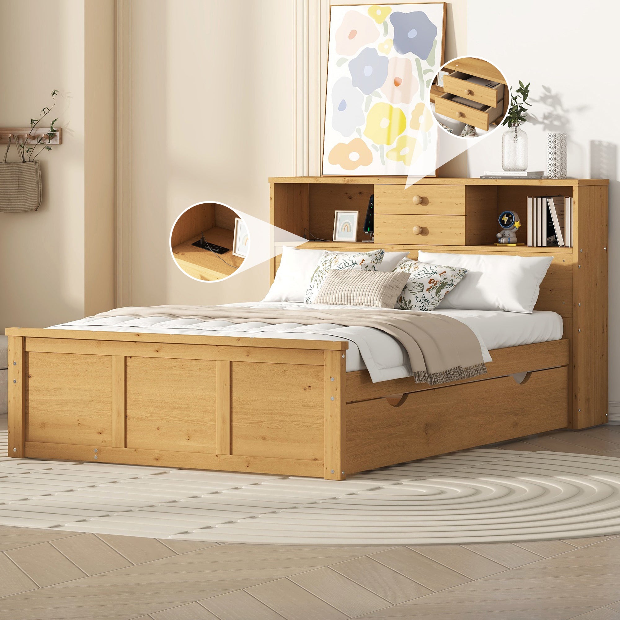 Full Size Wood Pltaform Bed with Twin Size Trundle, 3 Drawers, Upper Shelves and a set of USB Ports & Sockets, Natural - Atlantic Fine Furniture Melbourne FL