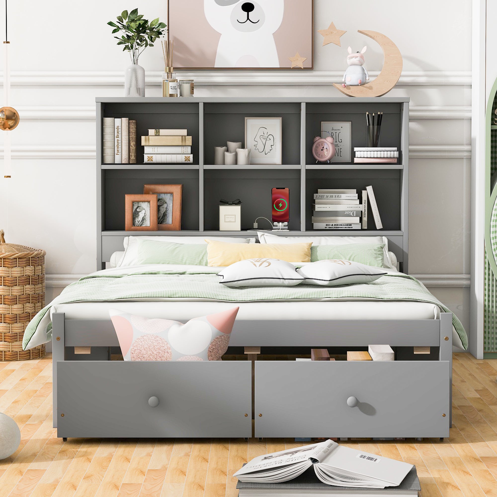 Full Size Platform Bed with Storage Headboard, Charging Station and 2 Drawers, Gray - Atlantic Fine Furniture Melbourne FL