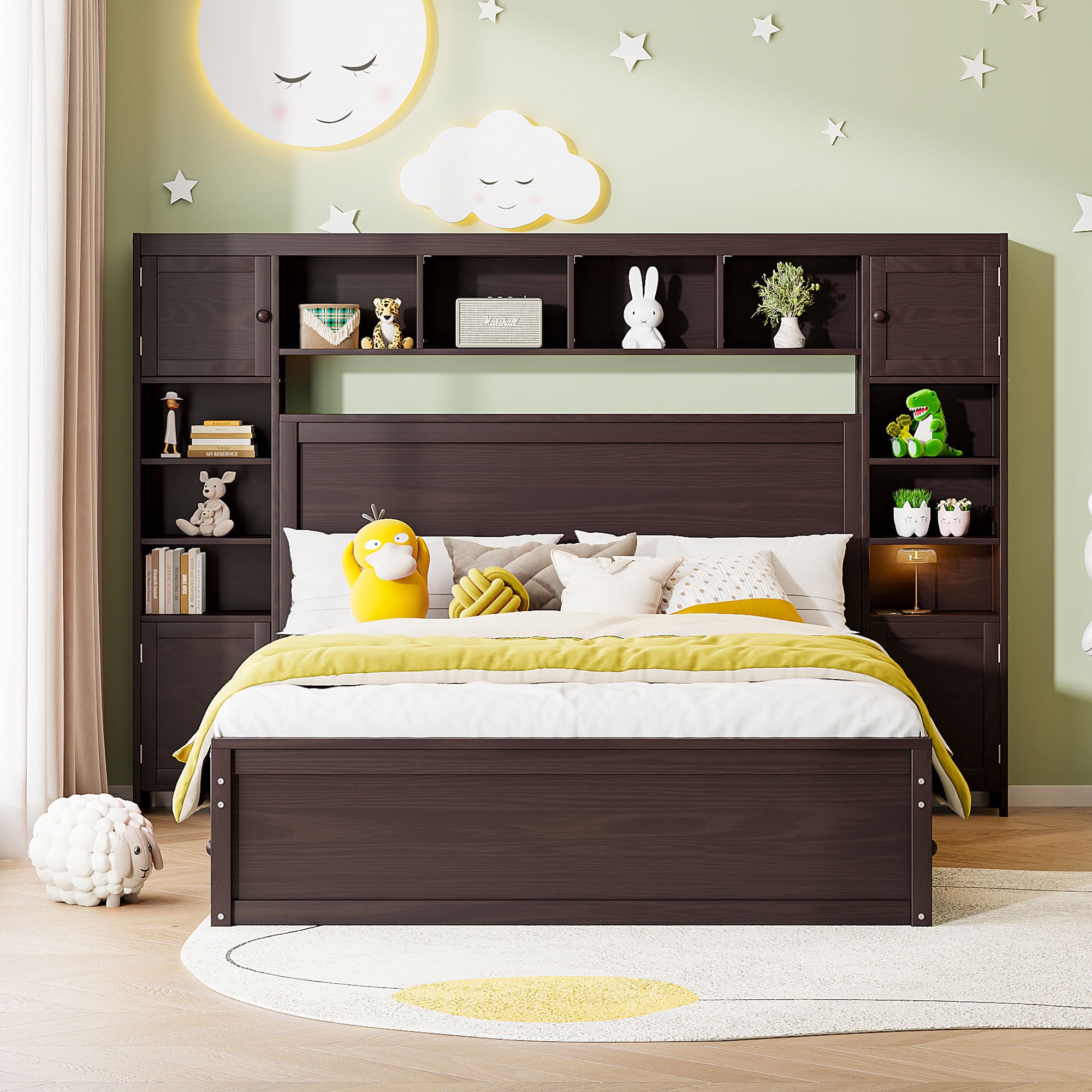 Queen Size Wooden Bed With All-in-One Cabinet, Shelf and Sockets, Espresso - Atlantic Fine Furniture Melbourne FL