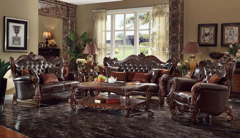 Versailles - Loveseat With 5 Pillows - Two Tone Dark Brown Synthetic Leather & Cherry Oak