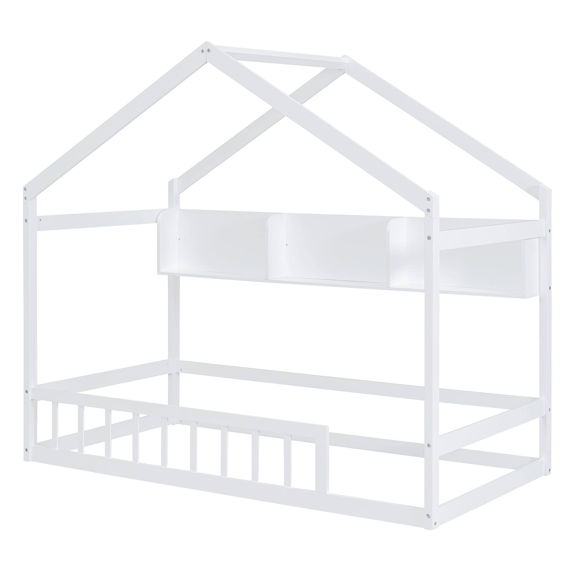 Wooden Twin Size House Bed with Storage Shelf,Kids Bed with Fence and Roof, White - Atlantic Fine Furniture Melbourne FL