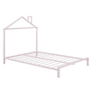 Full Size Metal Platform Bed with House-Shaped Headboard Design, Pink