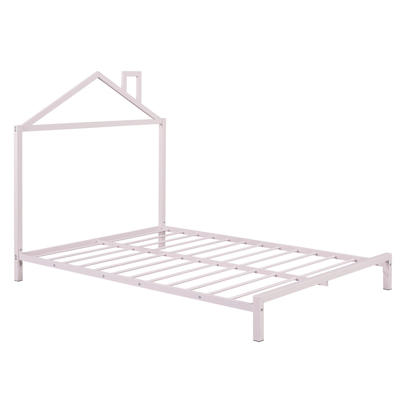 Full Size Metal Platform Bed with House-Shaped Headboard Design, Pink