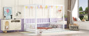 Full Size Canopy Frame Floor Bed with Fence, Guardrails,White