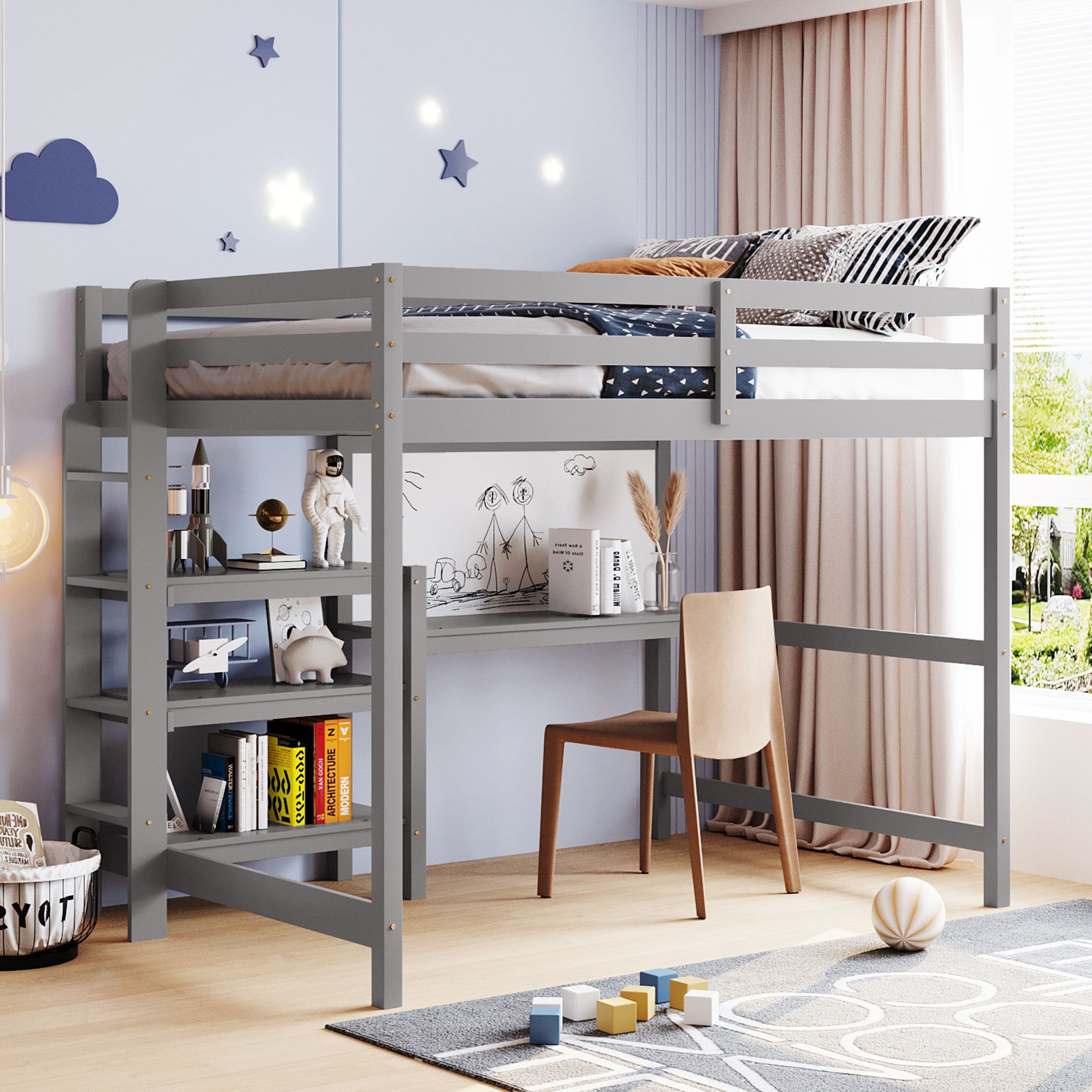 Full Size Wooden Loft Bed with Shelves, Desk and Writing Board - Gray - Atlantic Fine Furniture Melbourne FL