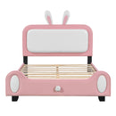 Full size Upholstered Rabbit-Shape Princess Bed ,Full Size Platform Bed with Headboard and Footboard,White+Pink