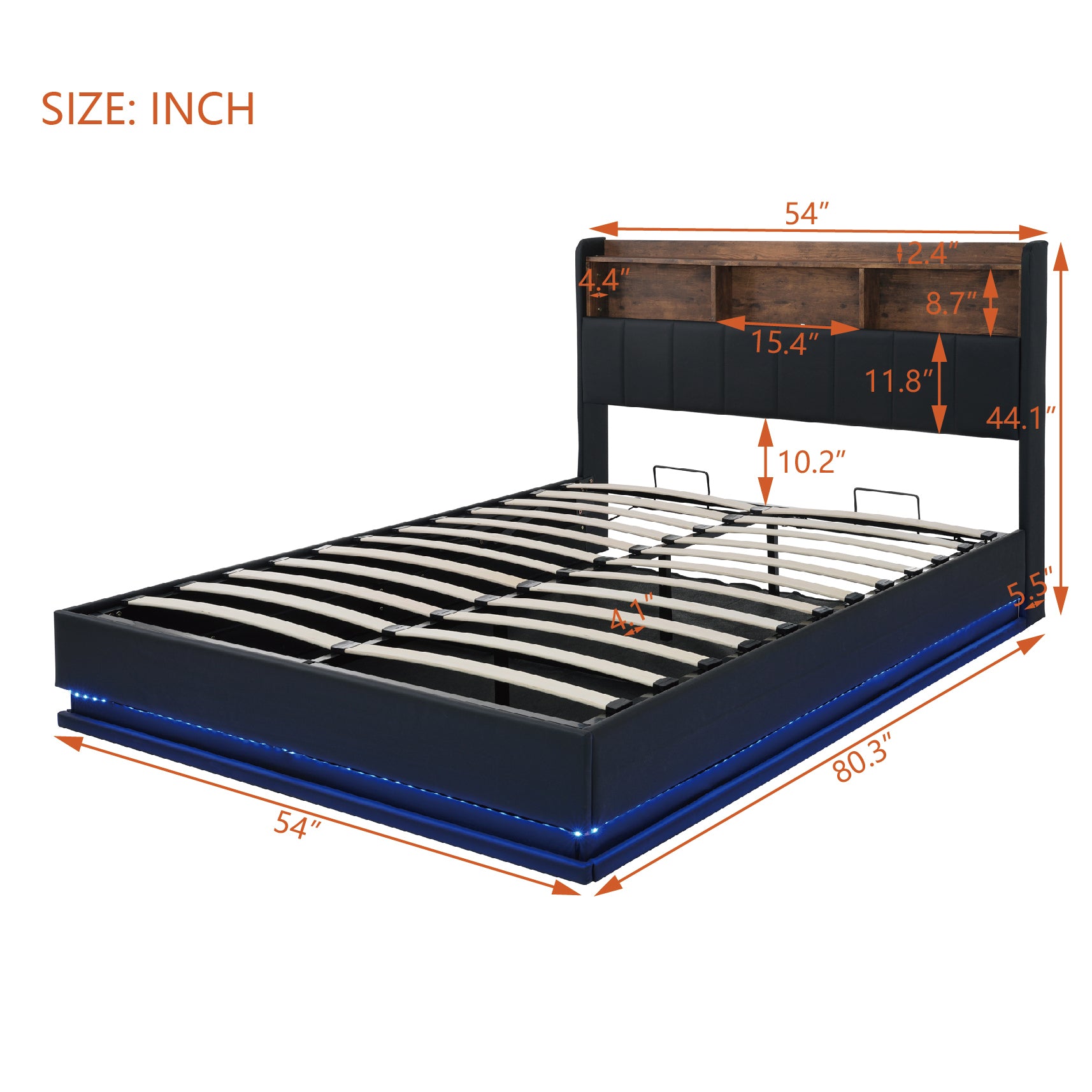 Full Size  Upholstered Platform Bed with Storage Headboard and Hydraulic Storage System, PU Storage Bed with LED Lights and USB charger, Black - Atlantic Fine Furniture Melbourne FL