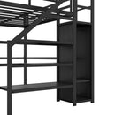 Full XL Size Loft Bed with L-shaped Desk and USB, Metal Loft Bed with Wardrobe and Adjustable Shelf, High Loft Bed with LED for Kids Teens Adults, Black