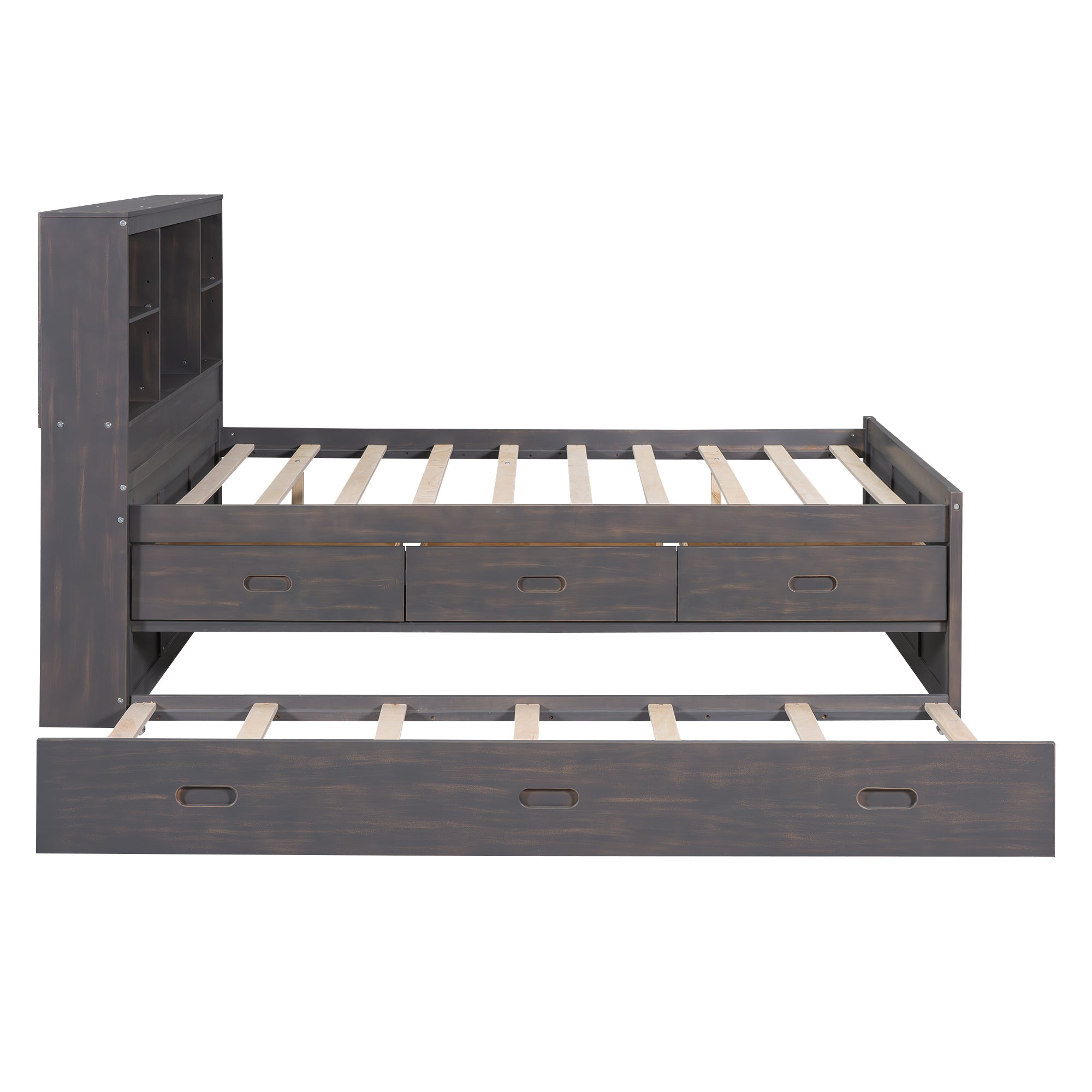 Full Size Platform Bed with Storage Headboard, Charging Station, Twin Size Trundle and 3 Drawers, Antique Brown