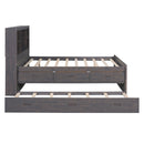 Full Size Platform Bed with Storage Headboard, Charging Station, Twin Size Trundle and 3 Drawers, Antique Brown