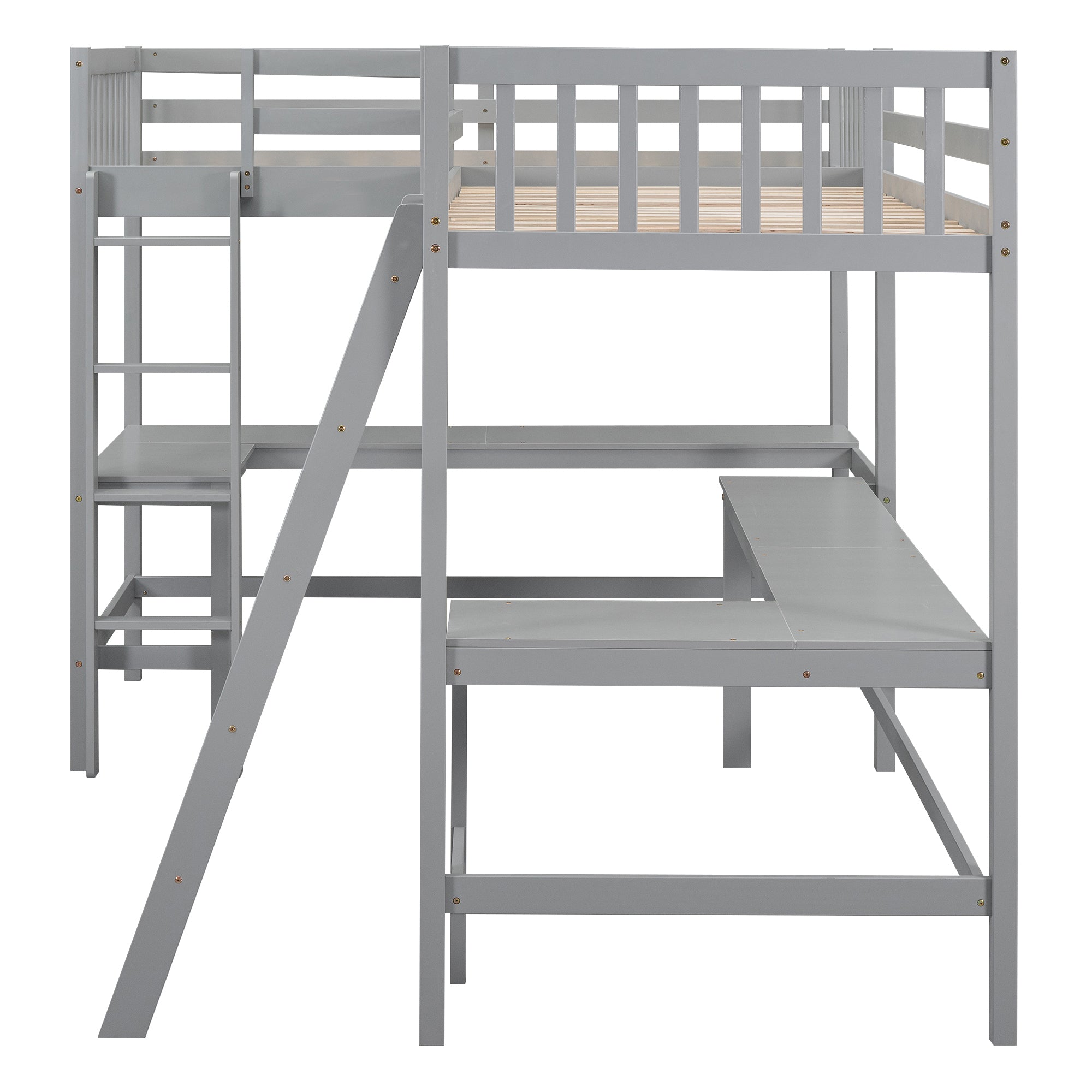 Wood Twin Size L-Shaped Loft Bed with Ladder and 2 Built-in L-Shaped Desks, Gray - Atlantic Fine Furniture Melbourne FL