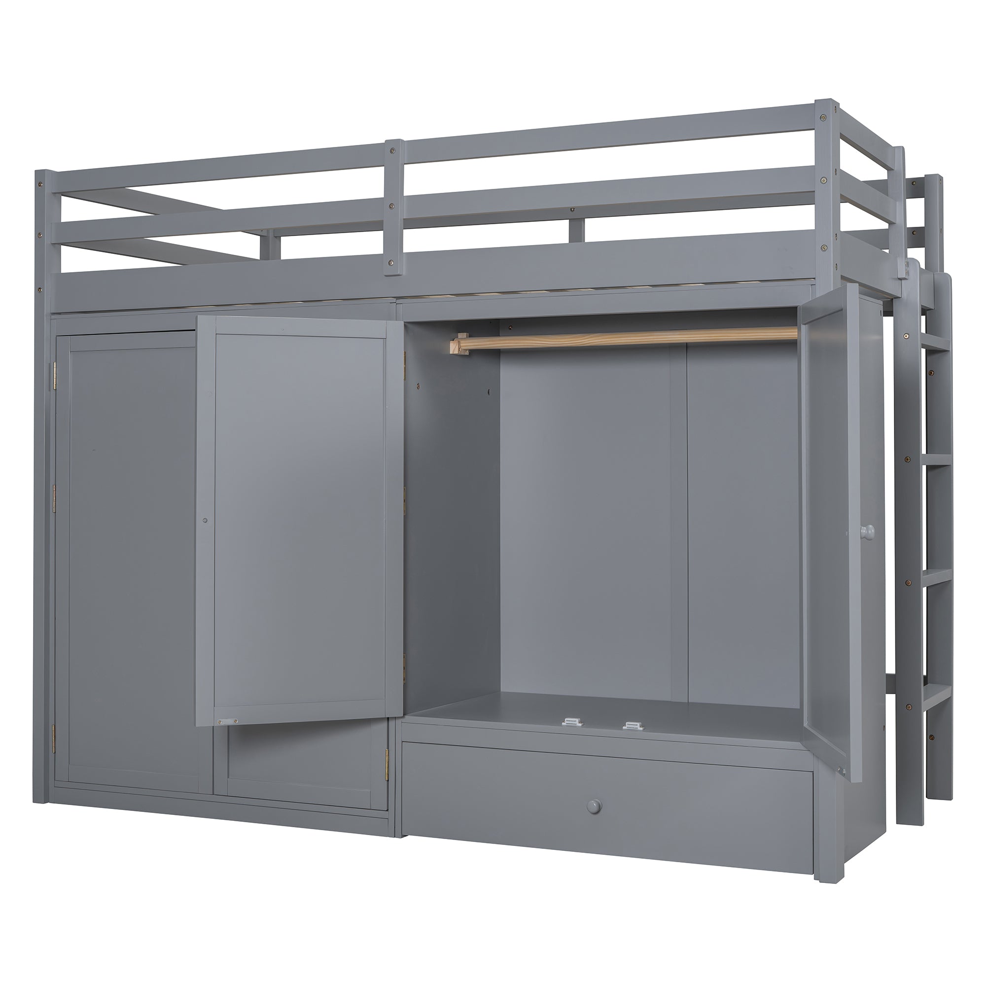 Twin size Loft Bed with Drawer, Two Wardrobes and Mirror, Gray - Atlantic Fine Furniture Melbourne FL