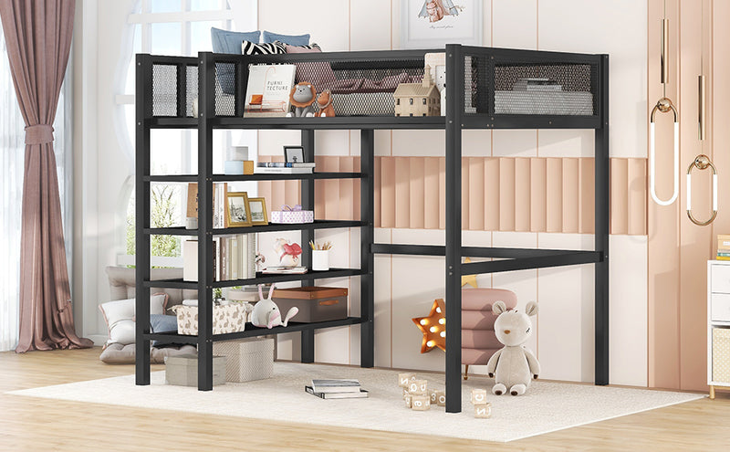 Twin Size Metal Loft Bed with 4-Tier Shelves and Storage, Black