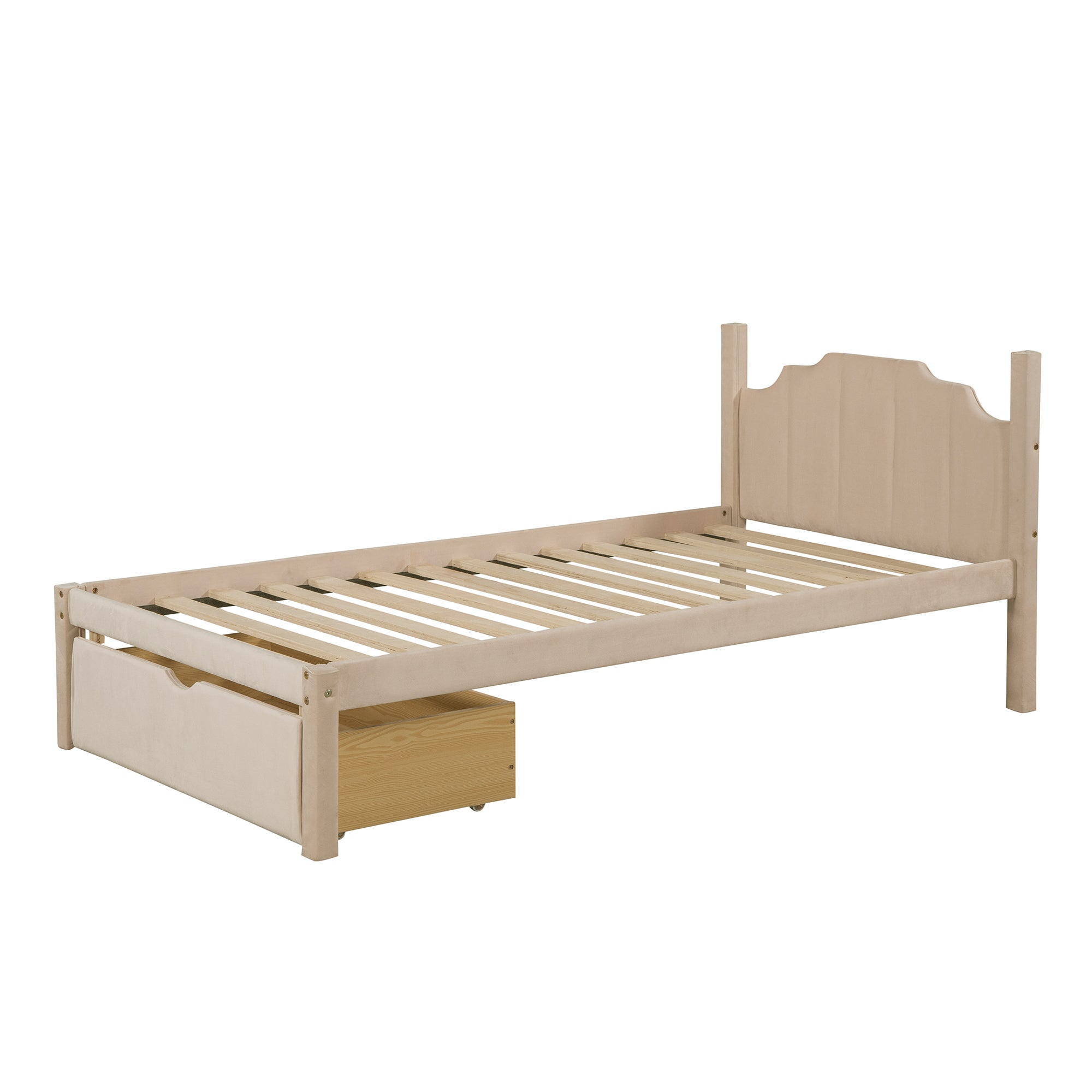 Full Over Twin & Twin Bunk Bed, Velvet Triple Bunk Bed with Drawers and Guardrails, Beige - Atlantic Fine Furniture Melbourne FL