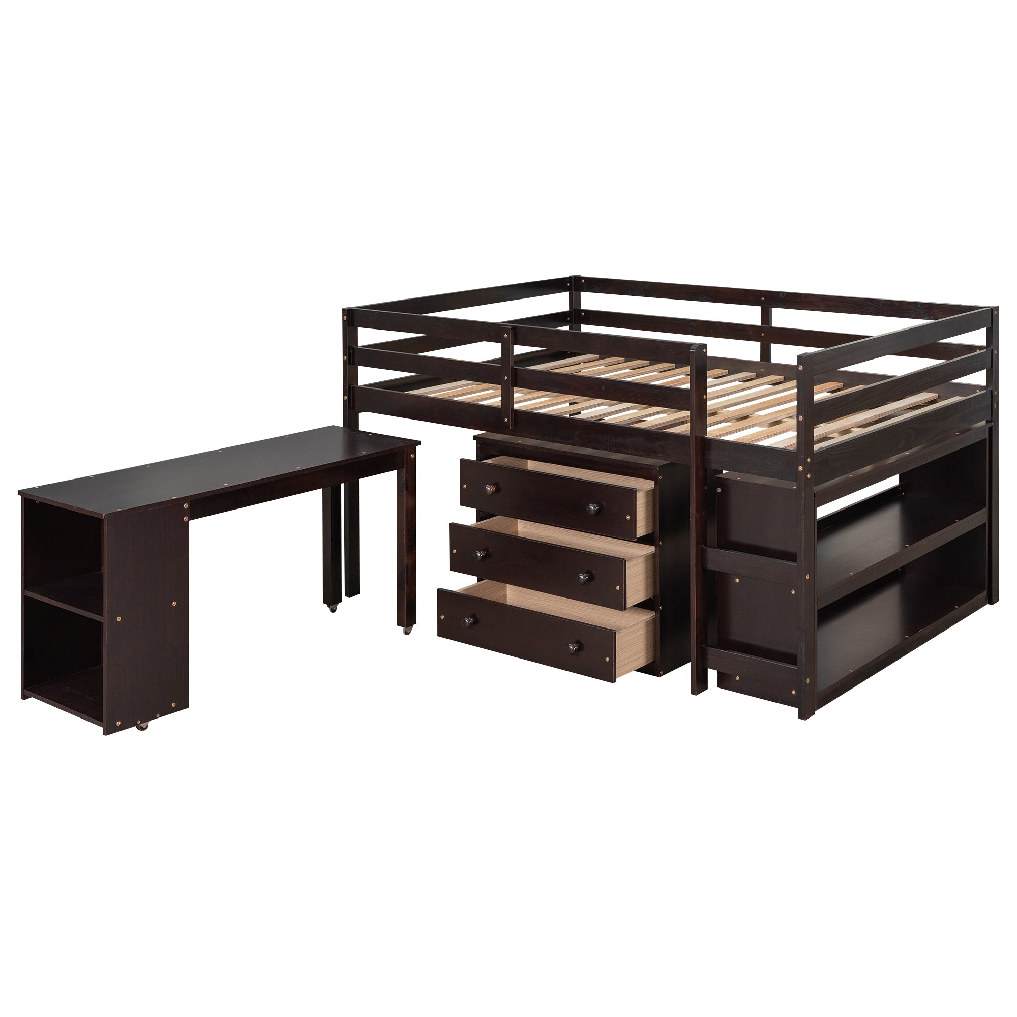 Low Study Full Loft Bed with Cabinet ,Shelves and Rolling Portable Desk ,Multiple Functions Bed- Espresso - Atlantic Fine Furniture Melbourne FL