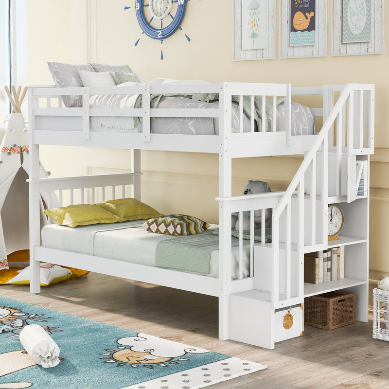 Stairway Twin-Over-Twin Bunk Bed with Storage and Guard Rail for Bedroom, Dorm, White color(OLD SKU :LP000109AAK)