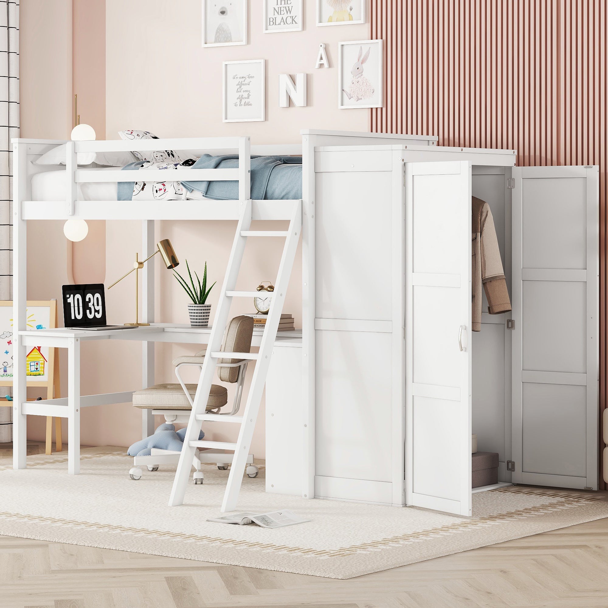 Twin size Loft Bed with Desk, Shelves and Wardrobe-White - Atlantic Fine Furniture Melbourne FL