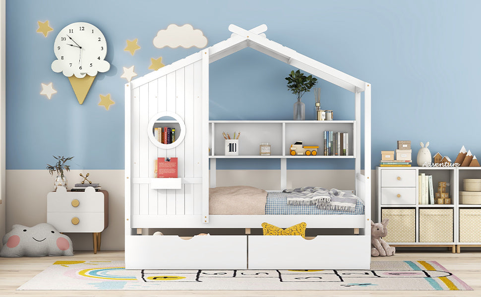 Wooden Twin Size House Bed with 2 Drawers,Kids Bed with Storage Shelf, White - Atlantic Fine Furniture Melbourne FL