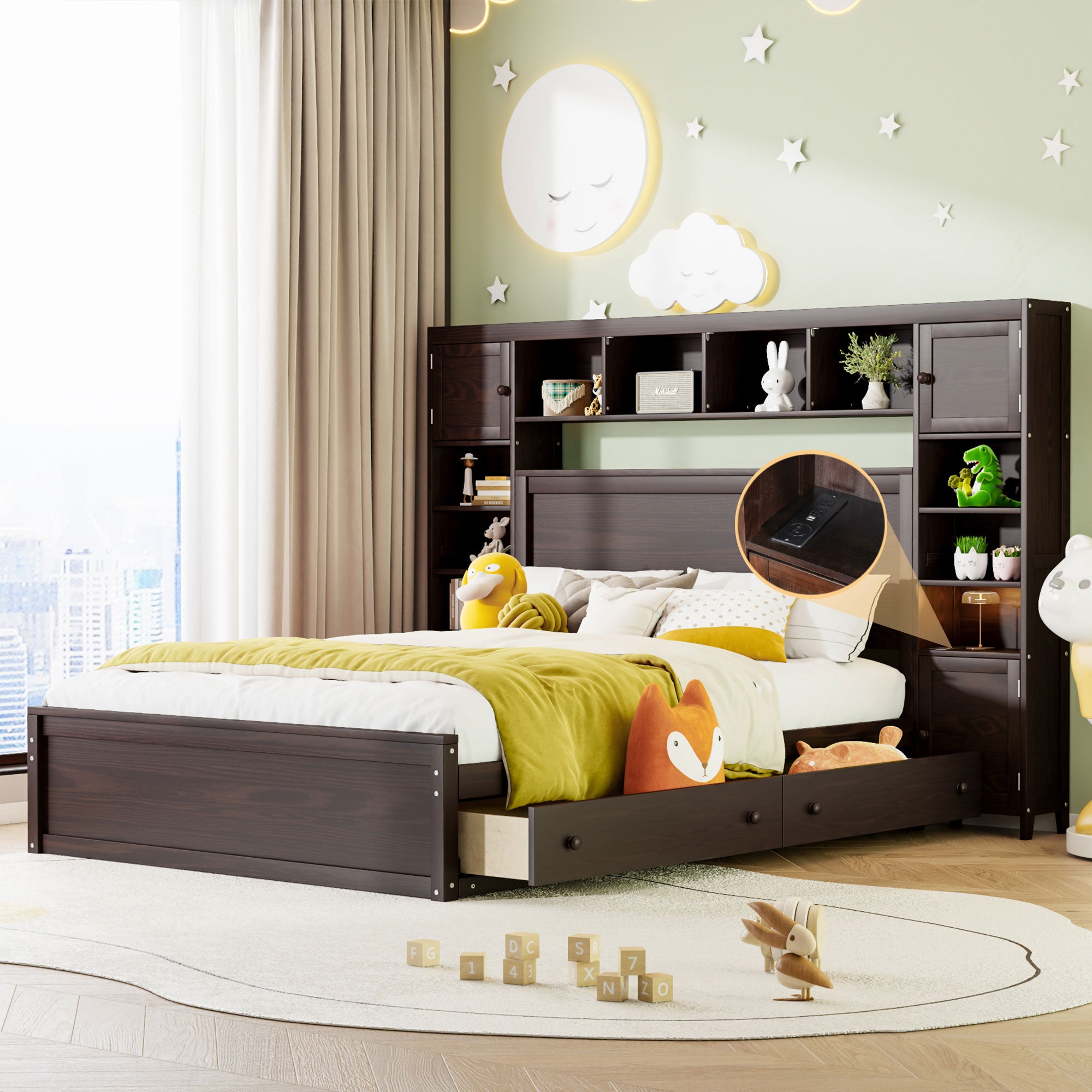 Queen Size Wooden Bed With All-in-One Cabinet, Shelf and Sockets, Espresso - Atlantic Fine Furniture Melbourne FL
