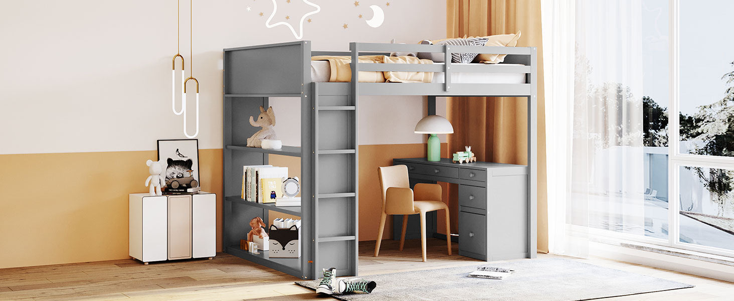 Full Size Loft Bed with Ladder, Shelves, and Desk, Gray - Atlantic Fine Furniture Melbourne FL