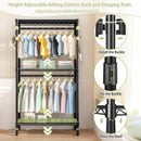 Heavy Duty Rolling Clothes Rack With 3 Tier Shelves, 2 Rails & Side Hooks, Adjustable Freestanding Organizer Metal - Black