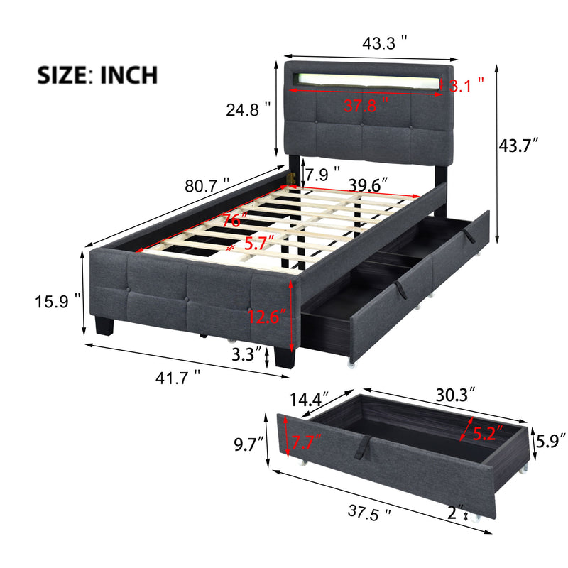 Upholstered Platform Bed With LED Frame, With Trundle And 2 Drawers