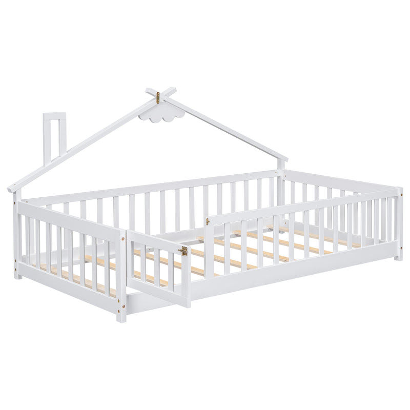 Twin House-Shaped Bedside Floor Bed with Guardrails, Slats, with Door,White