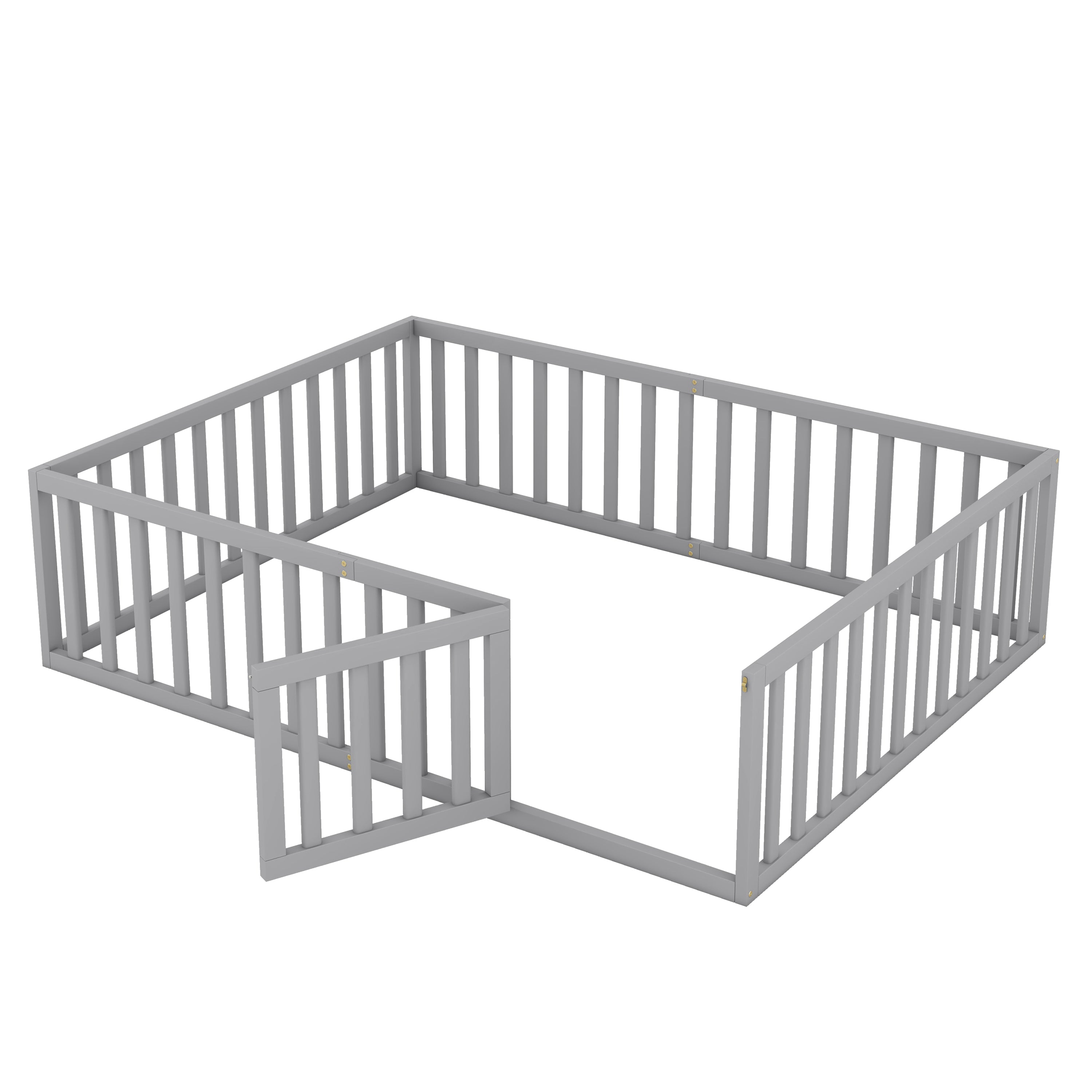 Queen Size Wood Floor Bed Frame with Fence and Door, Gray(OLD SKU:WF289663AAE)