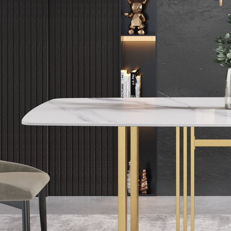 70.87" Modern Artificial Stone White Curved Golden Metal Leg Dining Table, Can Accommodate 6-8 People - White / Gold