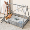 Full Tent-shaped Floor Bed, with Guardrails, Slats, Door ,Grey