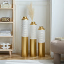 Modern Droplet Shaped Floor Vase Set Honeycomb Design, 3 Piece Metal Decorative Vases For Home Interior Display - Gold / White