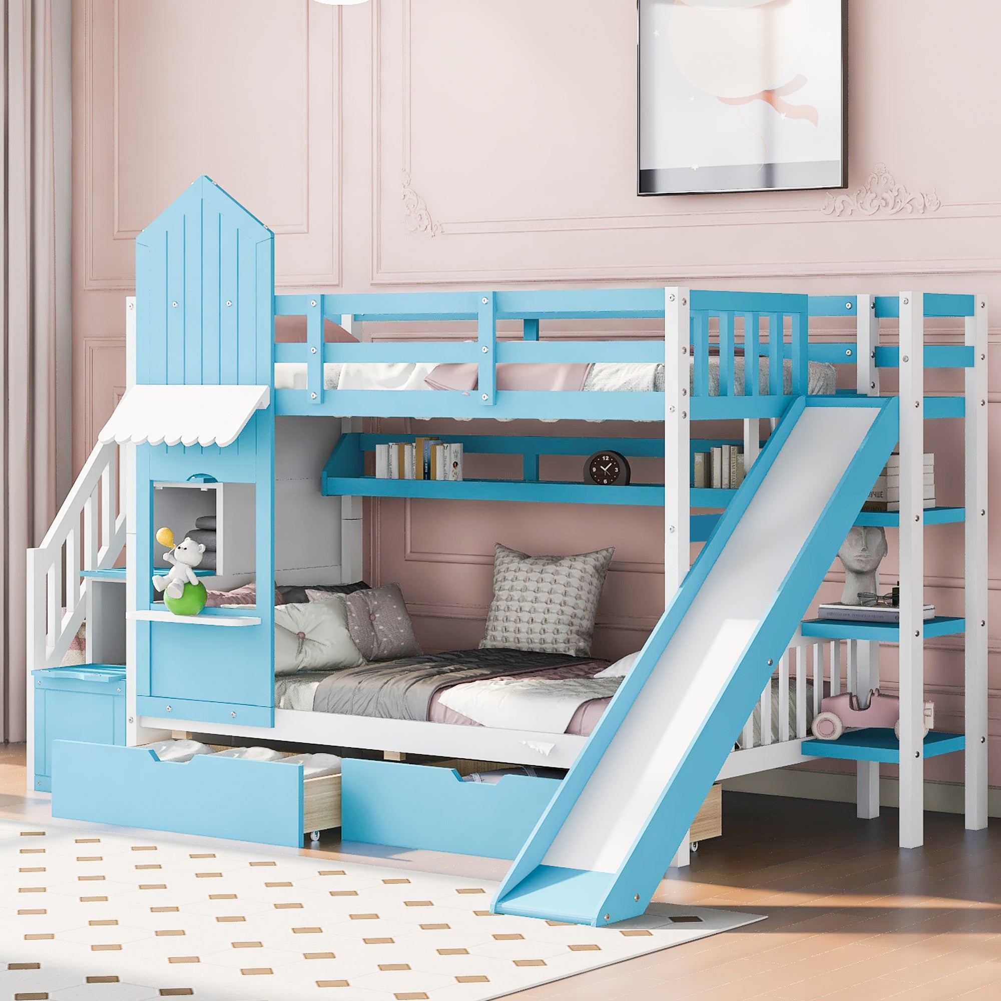 Twin-Over-Twin Castle Style Bunk Bed with 2 Drawers 3 Shelves and Slide - Blue - Atlantic Fine Furniture Melbourne FL