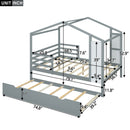 Full Size Wood House Bed with Fence and Writing Board, Gray