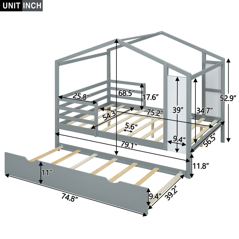 Full Size Wood House Bed with Fence and Writing Board, Gray