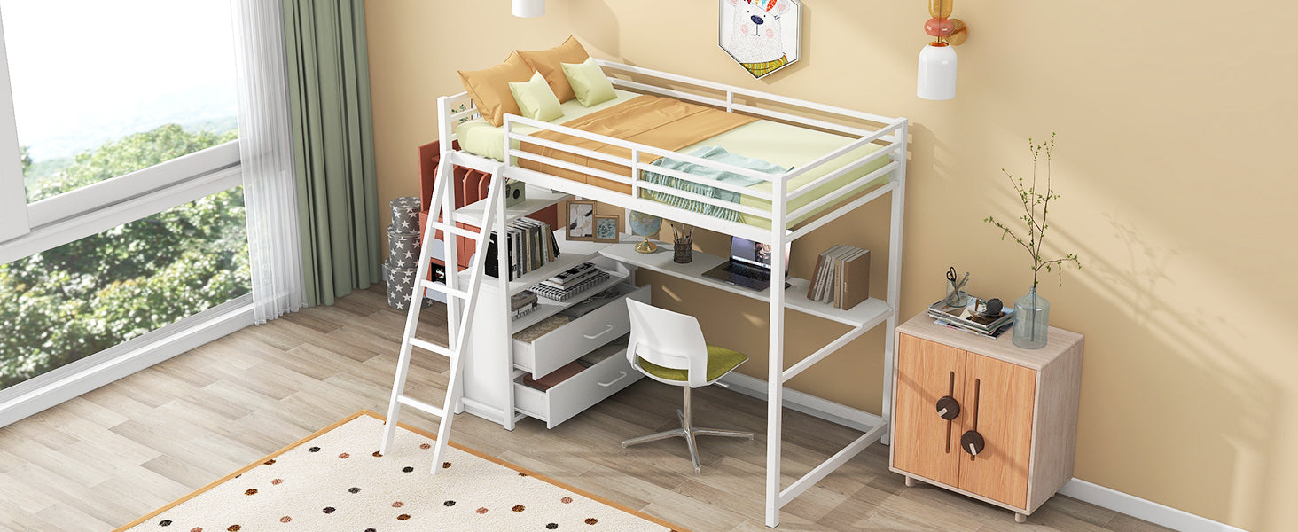 Twin Size Metal&Wood Loft Bed with Desk and Shelves, Two Built-in Drawers, White - Atlantic Fine Furniture Melbourne FL