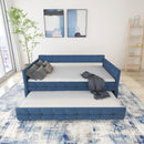 Upholstered Twin Size Daybed Bed Frame (Corner Bed) With Trundle, Velvet Fabric, Studding Design, No Box Spring Required