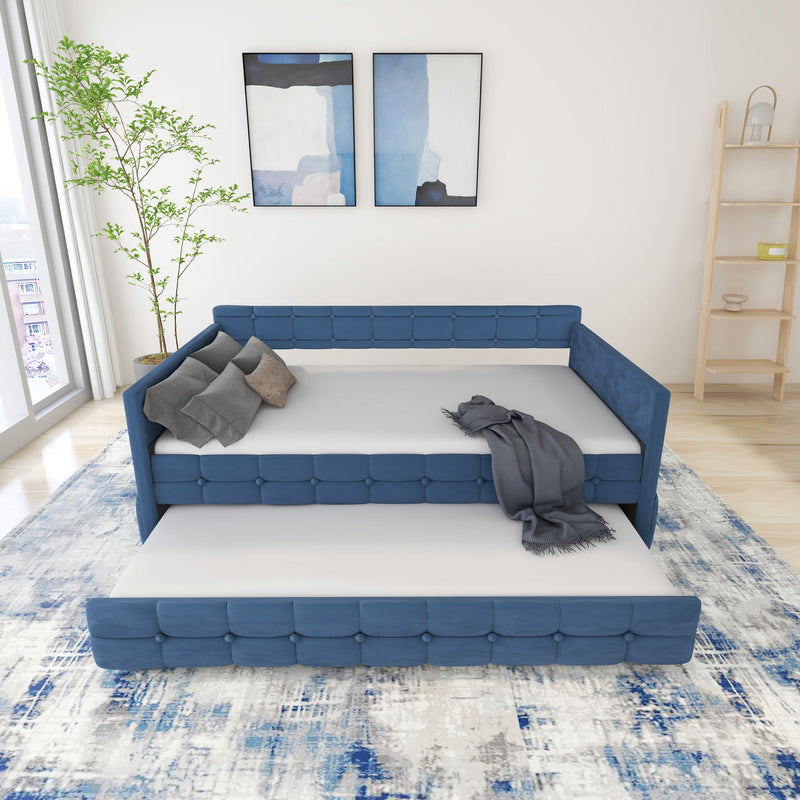 Upholstered Twin Size Daybed Bed Frame (Corner Bed) With Trundle, Velvet Fabric, Studding Design, No Box Spring Required