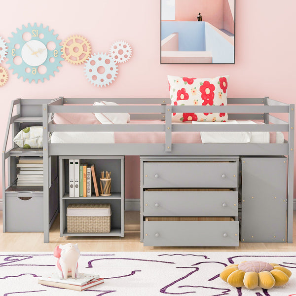 Loft Bed With Retractable Writing Desk And 3 Drawers With Storage Stairs And Shelves