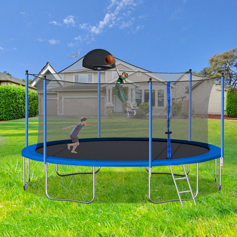 14Ft Trampoline For Adults & Kids With Basketball Hoop, Outdoor Trampolines With Ladder And Safety Enclosure Net For Kids And Adults - Blue