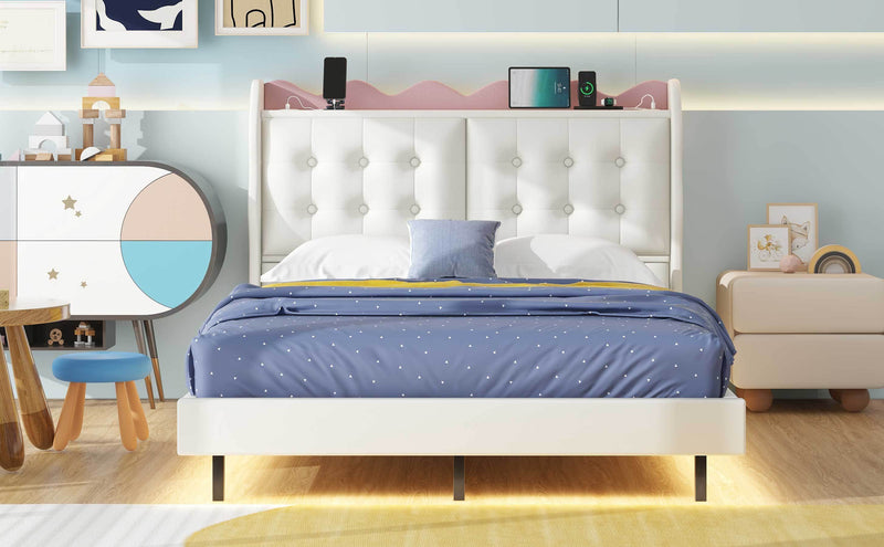 Full Size Upholstery Platform Bed Frame with LED Light Strips,Headboard Storage Space and Two USB Charging Deisgn,Beige