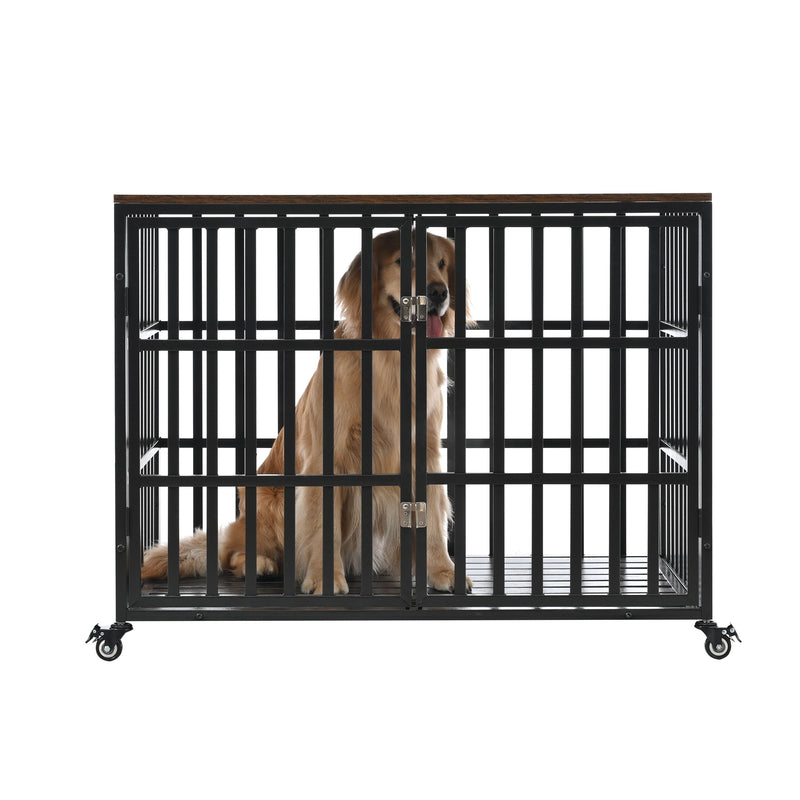 Heavy Duty Dog Crate For Large Medium Dogs, Furniture Style Cage With 4 Lockable Wheels And 2 Locks, Decorative Pet House Wooden Cage Kennel Furniture Indoor - Black